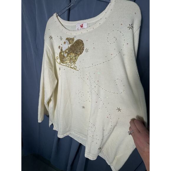 Quacker Factory Cream Ugly Christmas Sweater women’s XL Sequin Santa Sleigh - Picture 2 of 5